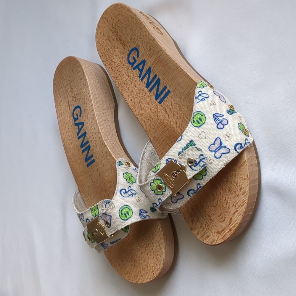 Ganni Floral Print Wood Platform Slide Sandals in White, Green, Blue